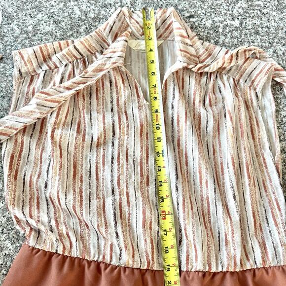 70s Lynn Davis Sz 14 Rust Red Midi Dress Tie Neck Striped Secretary Boho Retro - Picture 13 of 16